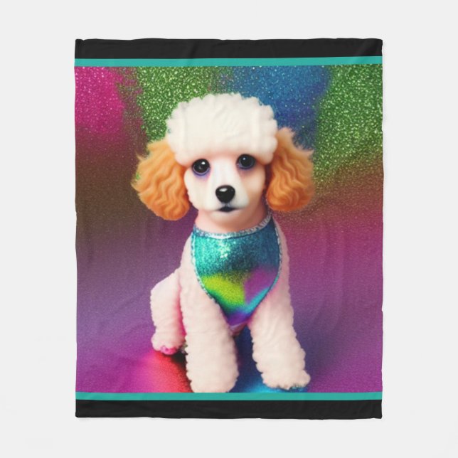 White Poodle with Cream Ears on Rainbow Sparkle    Fleece Blanket (Front)