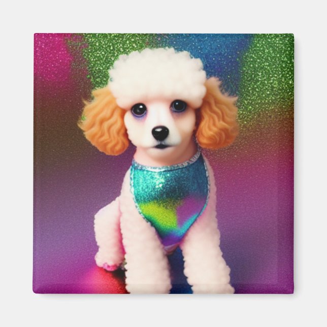 White Poodle with Cream Ears on Rainbow Sparkle   Magnet (Front)