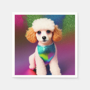 White Poodle with Cream Ears on Rainbow Sparkle Napkin