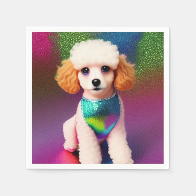 White Poodle with Cream Ears on Rainbow Sparkle   Napkin (Front)