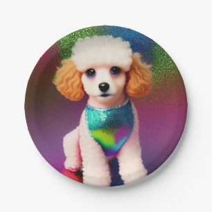 White Poodle with Cream Ears on Rainbow Sparkle Paper Plate