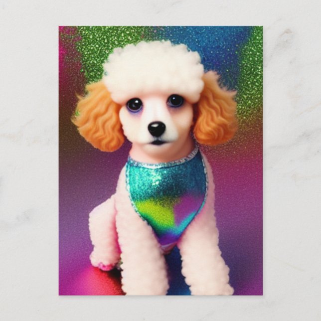 White Poodle with Cream Ears on Rainbow Sparkle   Postcard (Front)