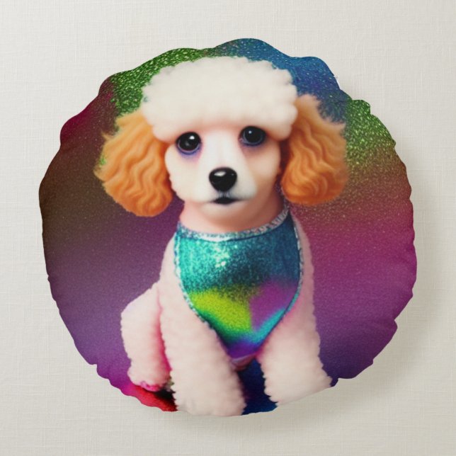 White Poodle with Cream Ears on Rainbow Sparkle   Round Pillow (Back)