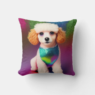 White Poodle with Cream Ears on Rainbow Sparkle Throw Pillow