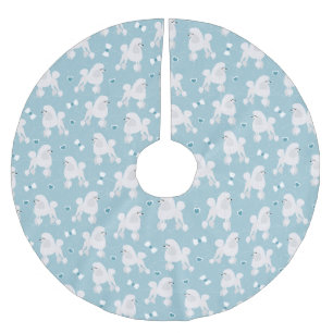 White Poodles and Bows Pattern Blue Brushed Polyester Tree Skirt