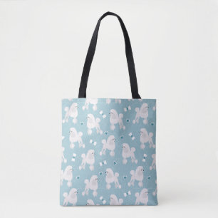 White Poodles and Bows Pattern Blue Tote Bag