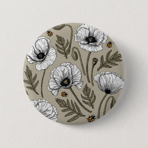 White poppies and ladybugs 2 inch round button