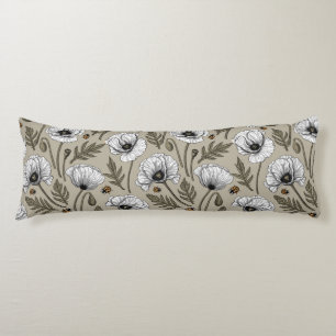 White poppies and ladybugs body pillow