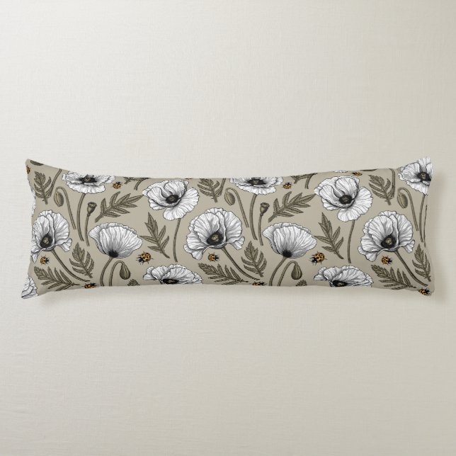 White poppies and ladybugs body pillow (Front)
