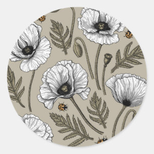 White poppies and ladybugs classic round sticker