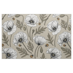 White poppies and ladybugs fabric