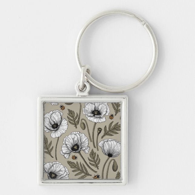 White poppies and ladybugs keychain (Front)
