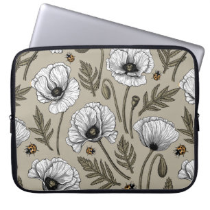 White poppies and ladybugs laptop sleeve