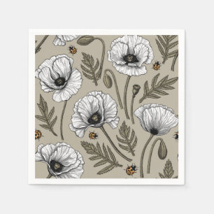 White poppies and ladybugs napkin