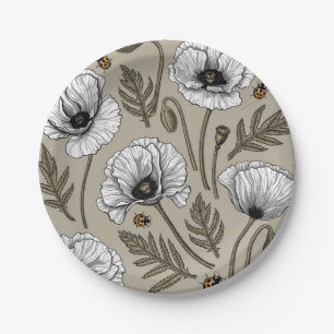 White poppies and ladybugs paper plate