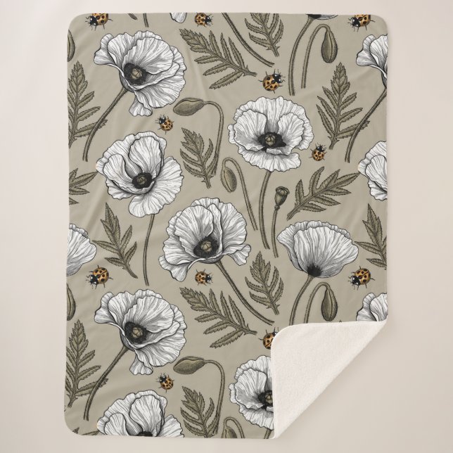 White poppies and ladybugs sherpa blanket (Front)