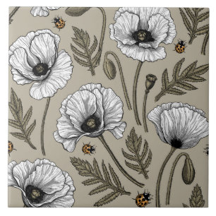 White poppies and ladybugs tile