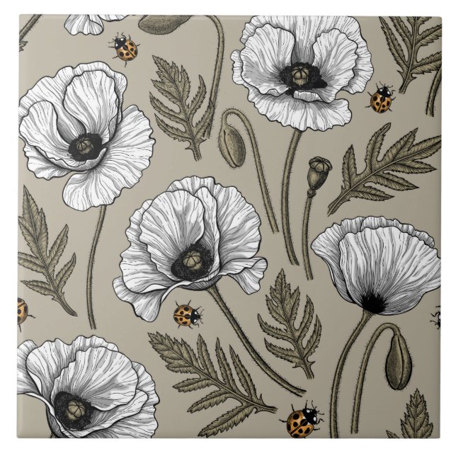 White poppies and ladybugs tile (Front)
