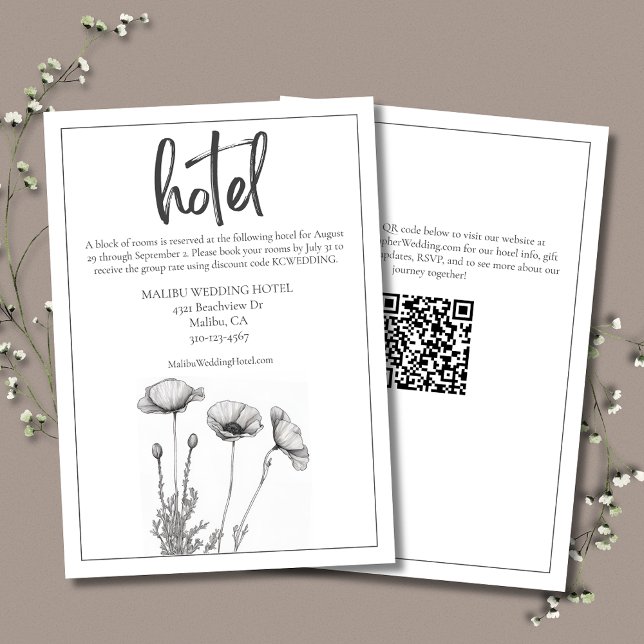 White Poppies Floral Elegant Wedding Hotel Enclosure Card (White Poppies Wedding Hotel Details Enclosure Card, simple and elegant with modern typography.)