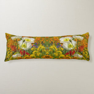 White poppies growing around the colourful flowers body pillow