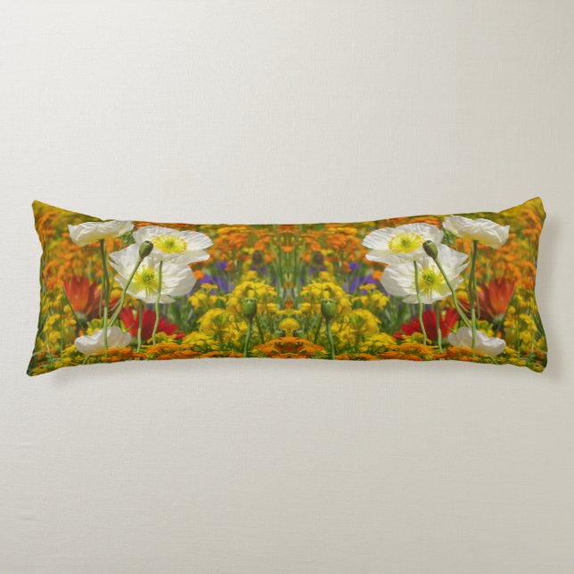 White poppies growing around the colourful flowers body pillow (Front)