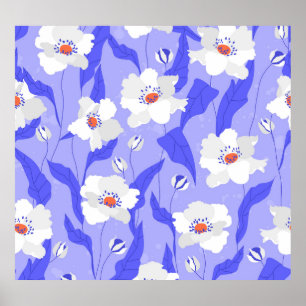 White Poppies: Hand-Drawn Purple Seamless Poster
