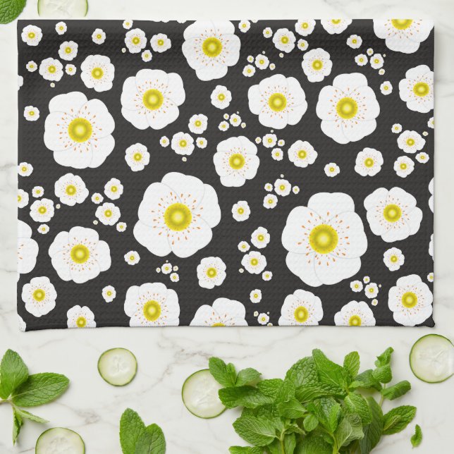White Poppies Kitchen Towel (Folded)