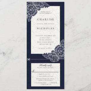 White poppies navy floral wedding invitation rsvp