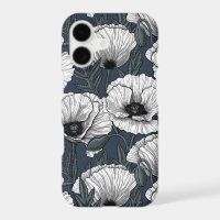 White poppies on navy