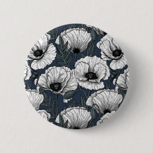 White poppies on navy 2 inch round button