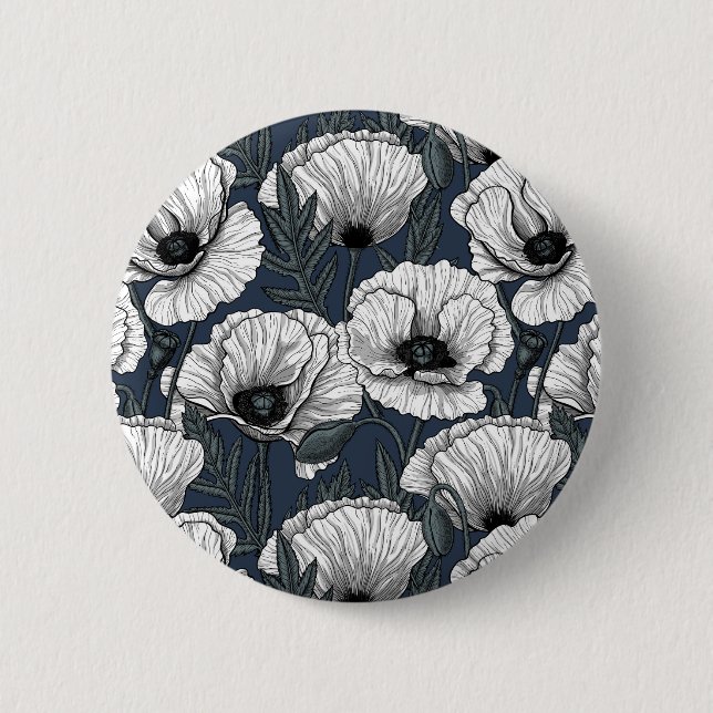 White poppies on navy 2 inch round button (Front)