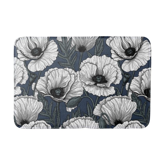 White poppies on navy bath mat (Front)
