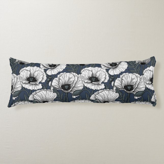 White poppies on navy body pillow (Front)