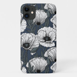 White poppies on navy iPhone 11 case