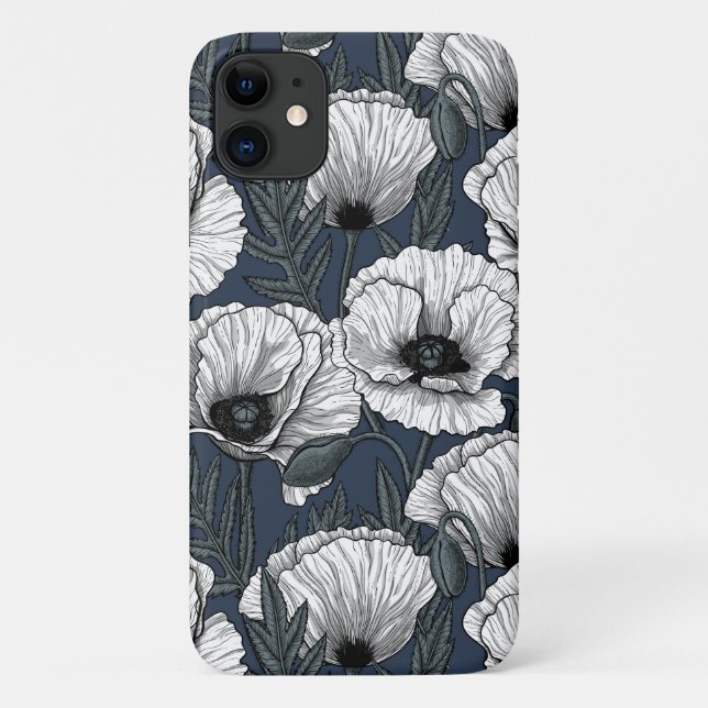 White poppies on navy Case-Mate iPhone case (Back)