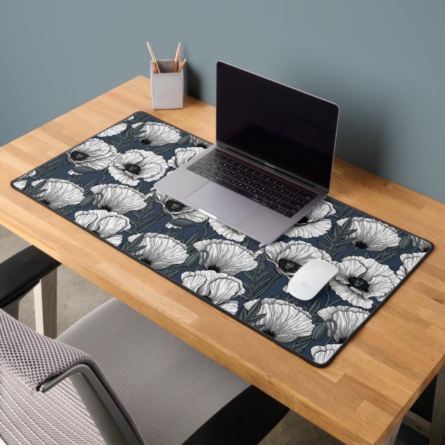 White poppies on navy desk mat (Office 2)