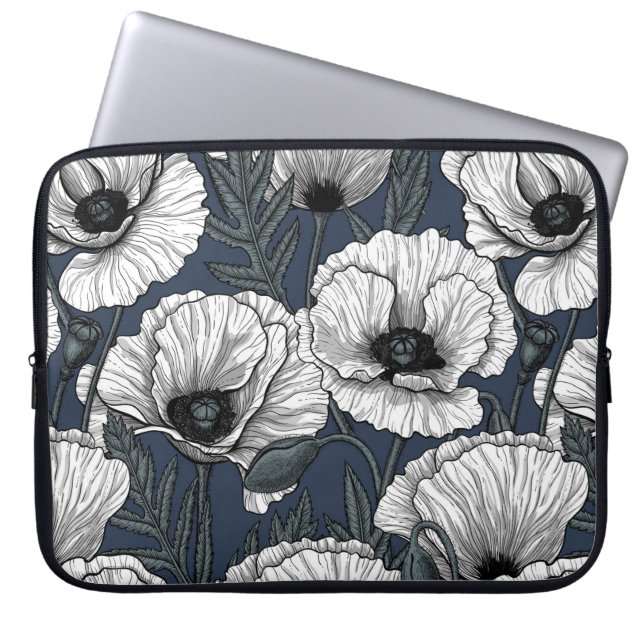 White poppies on navy laptop sleeve (Front)