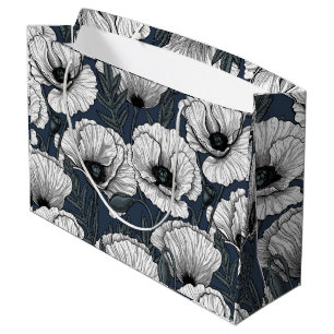White poppies on navy large gift bag