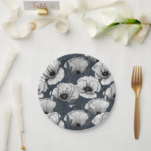 White poppies on navy paper plate