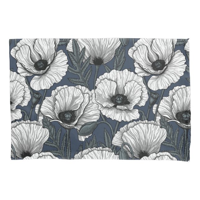 White poppies on navy pillowcase (Front-Left)