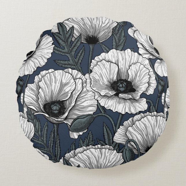 White poppies on navy round pillow (Front)