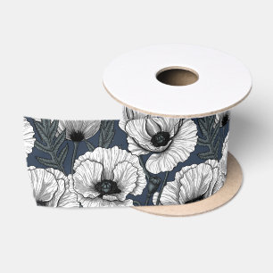White poppies on navy satin ribbon