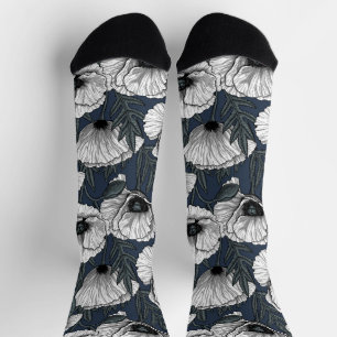 White poppies on navy socks