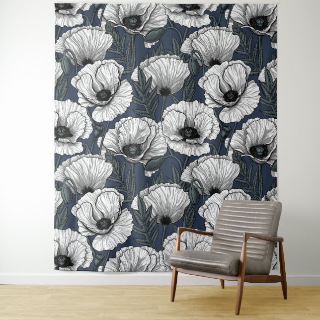 White poppies on navy tapestry (In Situ)