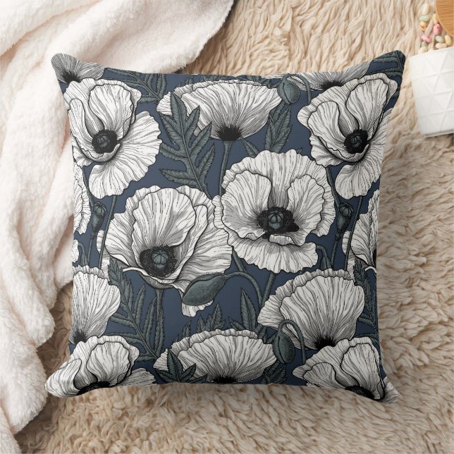 White poppies on navy throw pillow (Blanket)