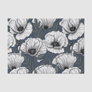 White poppies on navy tissue paper