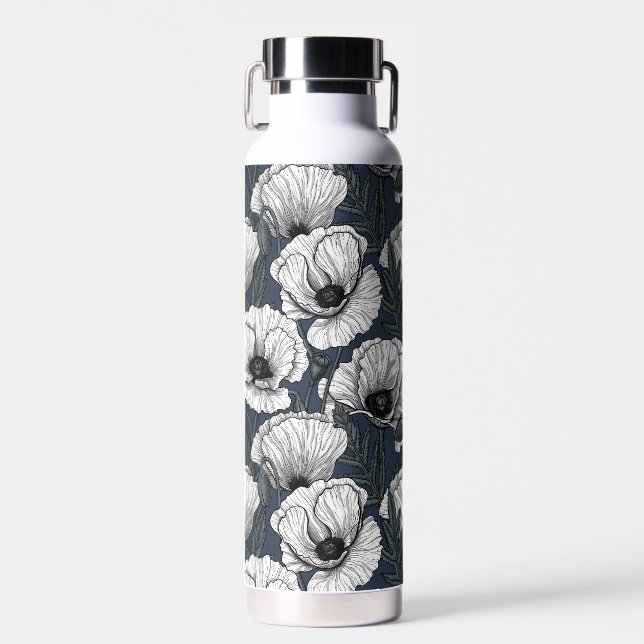 White poppies on navy water bottle (Front)