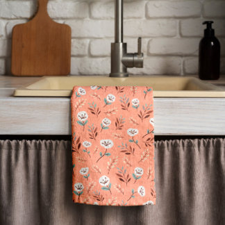 White Poppies on Red Kitchen Towel