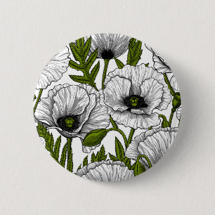 White poppies on white 2 inch round button
