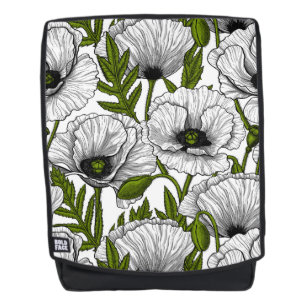 White poppies on white backpack